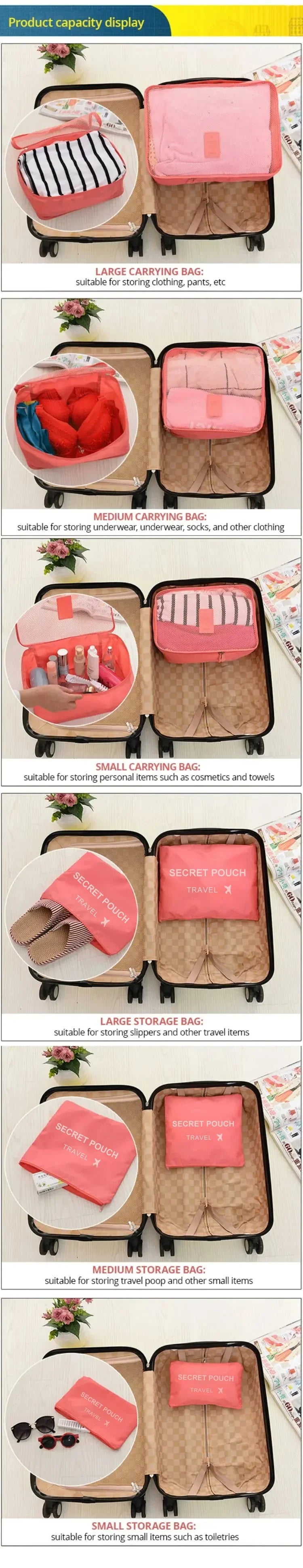 6 pcs/set pink/blue/Grey travel storage bag large capacity waterproof luggage clothing underwear storage bag with zipper