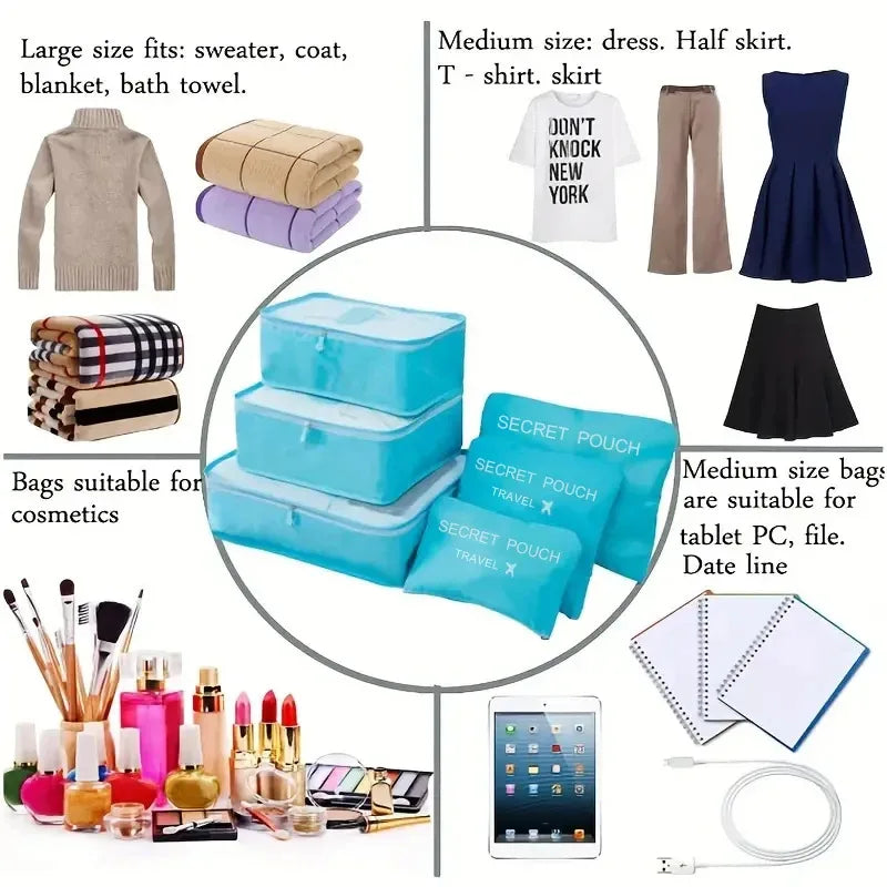 6 pcs/set pink/blue/Grey travel storage bag large capacity waterproof luggage clothing underwear storage bag with zipper